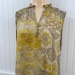 Alex & Lili Sleeveless Blouse Yellow Abstract Popover Lightweight Flowy Top L
